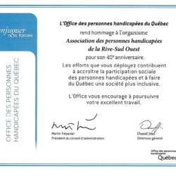 L’office des personnes handicapées du Québec rend hommage à l’APHRSO pour son 40e anniversaire